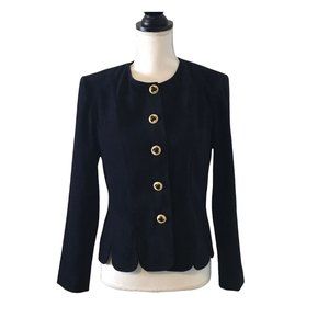 Vintage Leslie Fay Blazer Scalloped Hem Gold Tone Buttons Soft Black Career